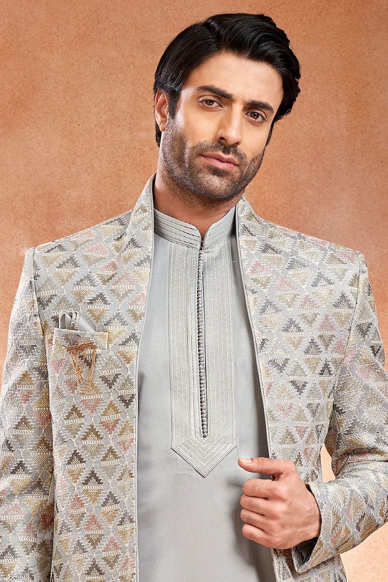 Elegant Grey Designer Menswear 3 Piece Open Jodhpuri Set for Wedding and Engagement