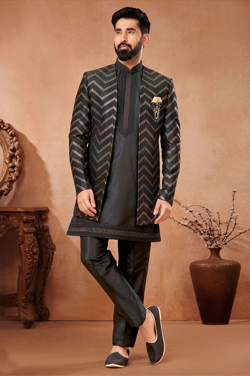 Dashing Black Designer Menswear 3 Piece Open Jodhpuri Set for Sangeet and Reception