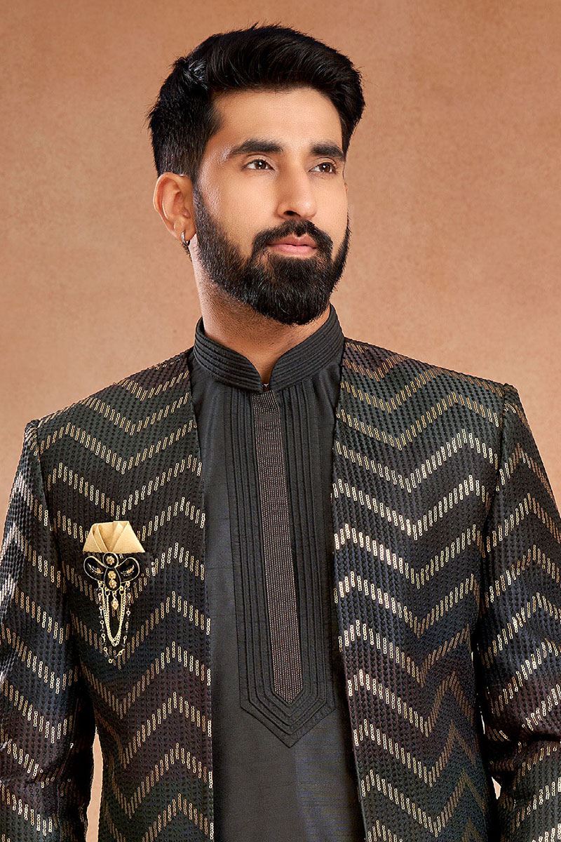 Dashing Black Designer Menswear 3 Piece Open Jodhpuri Set for Sangeet and Reception