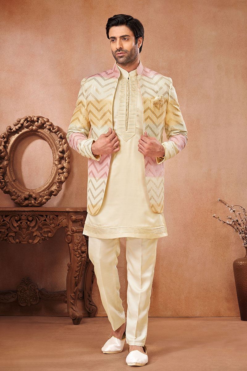 Attractive Cream Designer Men’s Wear 3 Piece Open Jodhpuri Set with Shaded Jacket for Haldi and Sangeet
