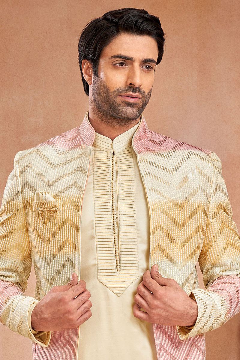 Attractive Cream Designer Men’s Wear 3 Piece Open Jodhpuri Set with Shaded Jacket for Haldi and Sangeet