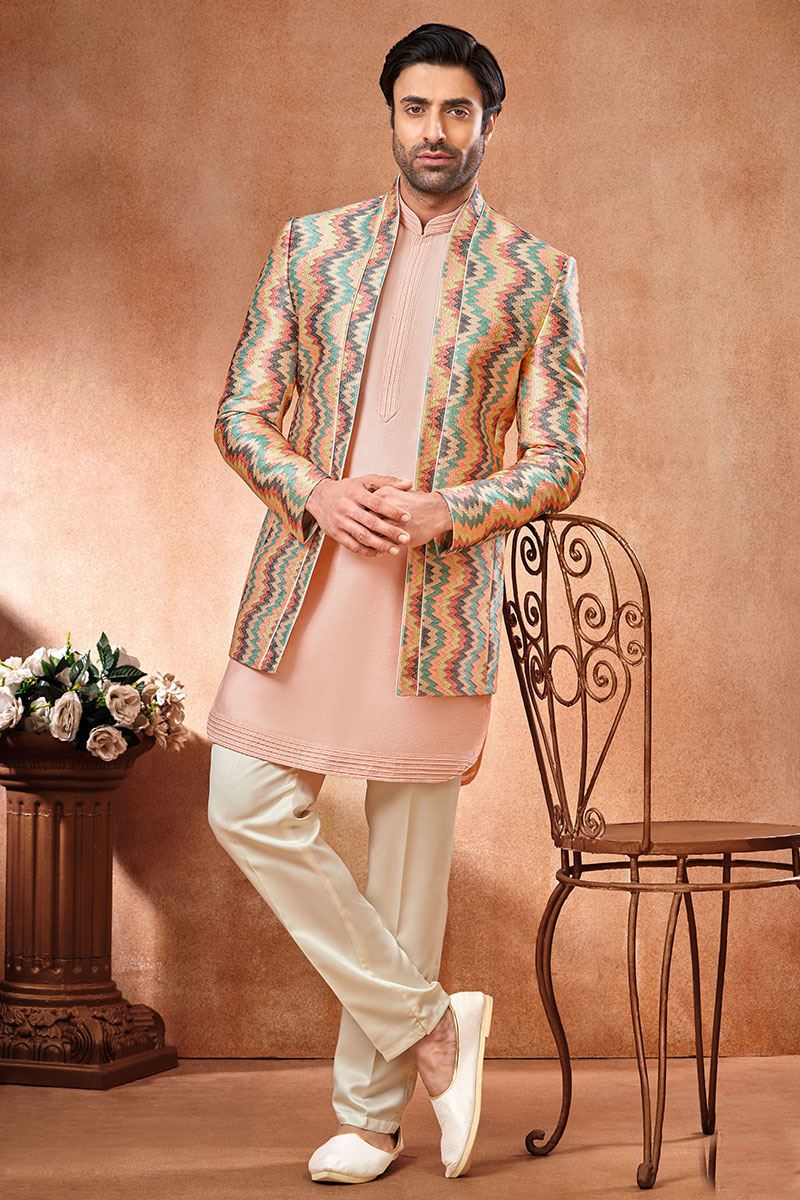 Captivating Peach Designer Men’s Wear 3 Piece Open Jodhpuri Set for Wedding and Engagement