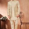 Artistic Cream Designer Men’s Wear 3 Piece Open Jodhpuri Set for Wedding, Engagement and Reception