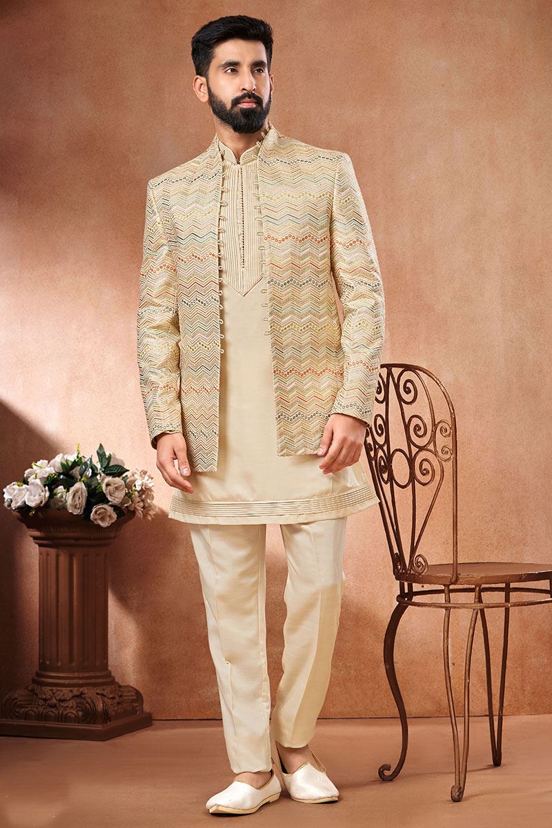 Artistic Cream Designer Men’s Wear 3 Piece Open Jodhpuri Set for Wedding, Engagement and Reception