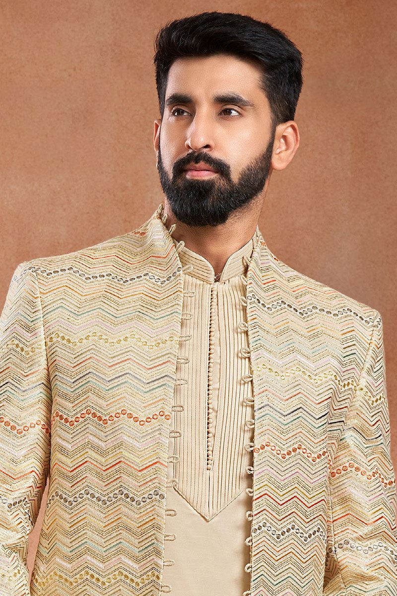 Artistic Cream Designer Men’s Wear 3 Piece Open Jodhpuri Set for Wedding, Engagement and Reception