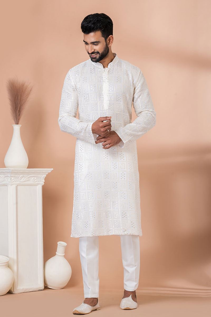 Exuberant White Lucknowi Designer Kurta Set for Engagement and Festivals