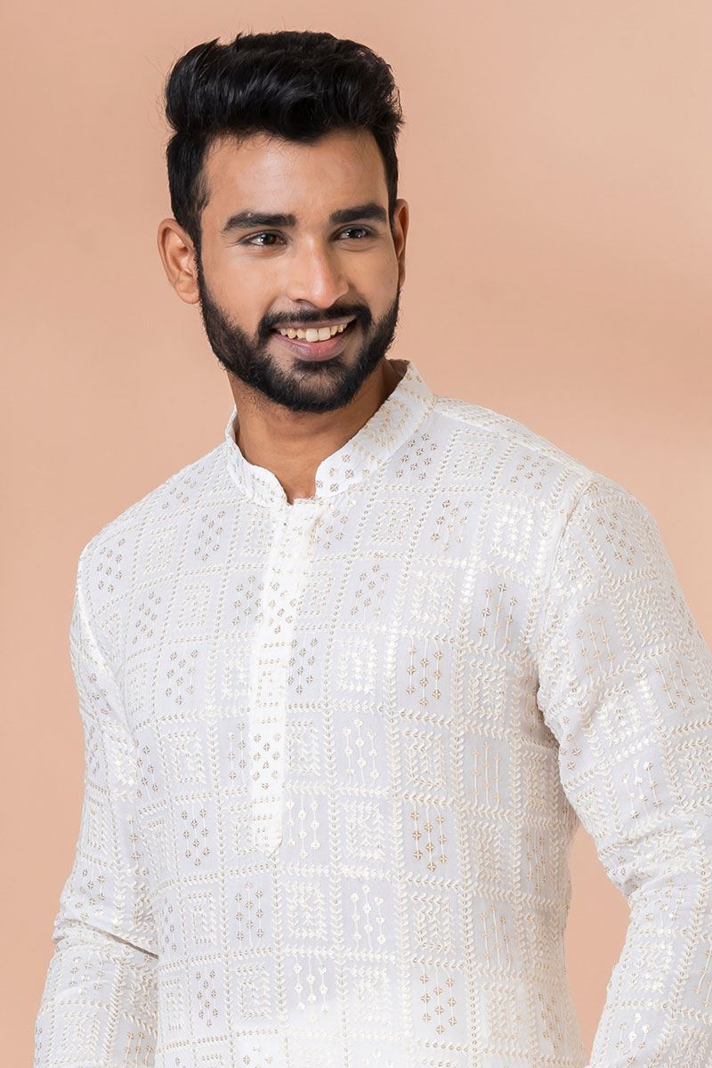 Exuberant White Lucknowi Designer Kurta Set for Engagement and Festivals