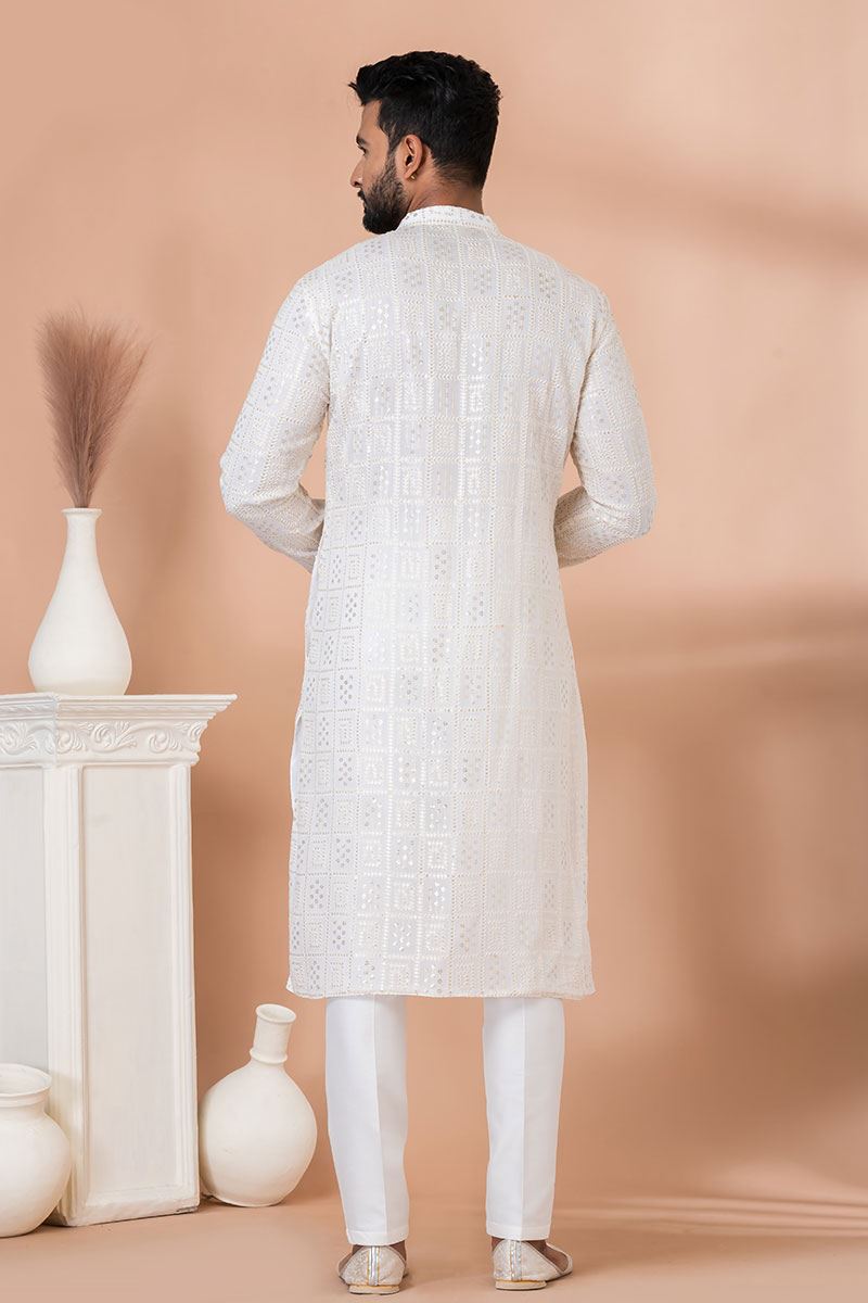 Exuberant White Lucknowi Designer Kurta Set for Engagement and Festivals