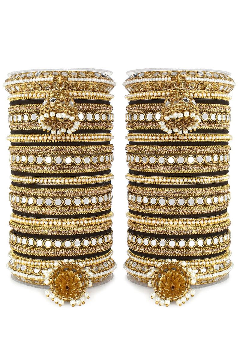 Fascinating Black Designer Mirror Style Bangle Set with Jhumki for Brides