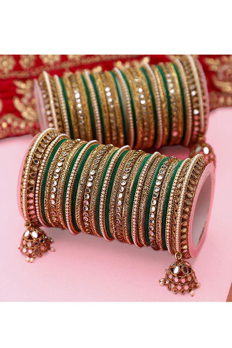 Marvelous Green Designer Mirror Style Bangle Set with Jhumki for Brides