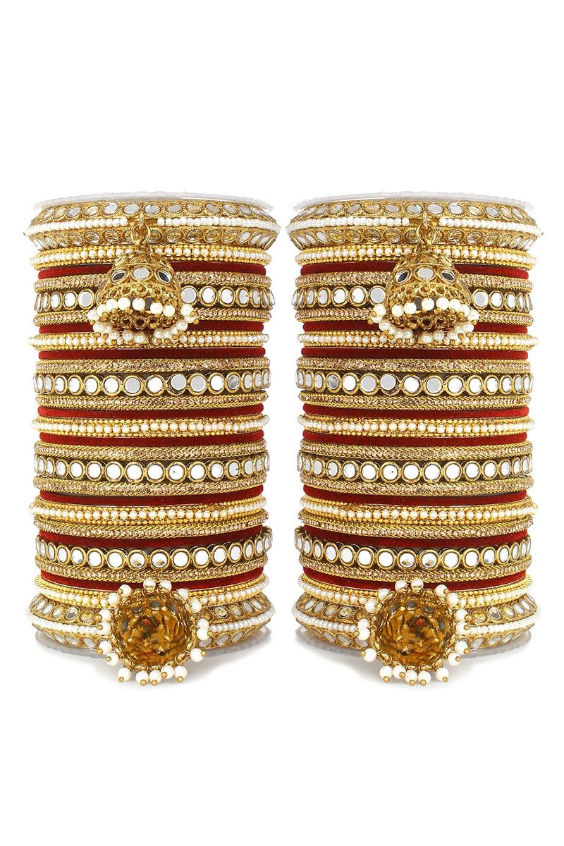 Outstanding Maroon Designer Mirror Style Bangle Set with Jhumki for Brides
