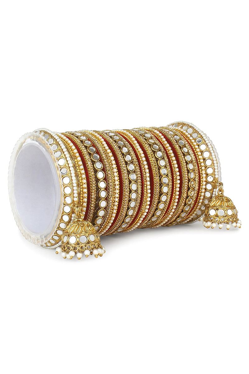 Outstanding Maroon Designer Mirror Style Bangle Set with Jhumki for Brides