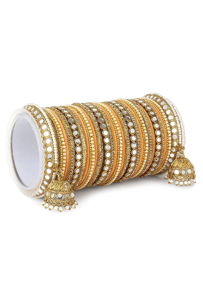 Spectacular Peach Designer Mirror Style Bangle Set with Jhumki for Brides