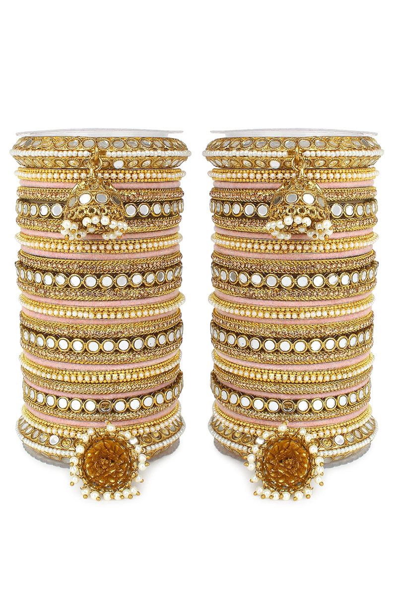 Smashing Pink Designer Mirror Style Bangle Set with Jhumki for Brides