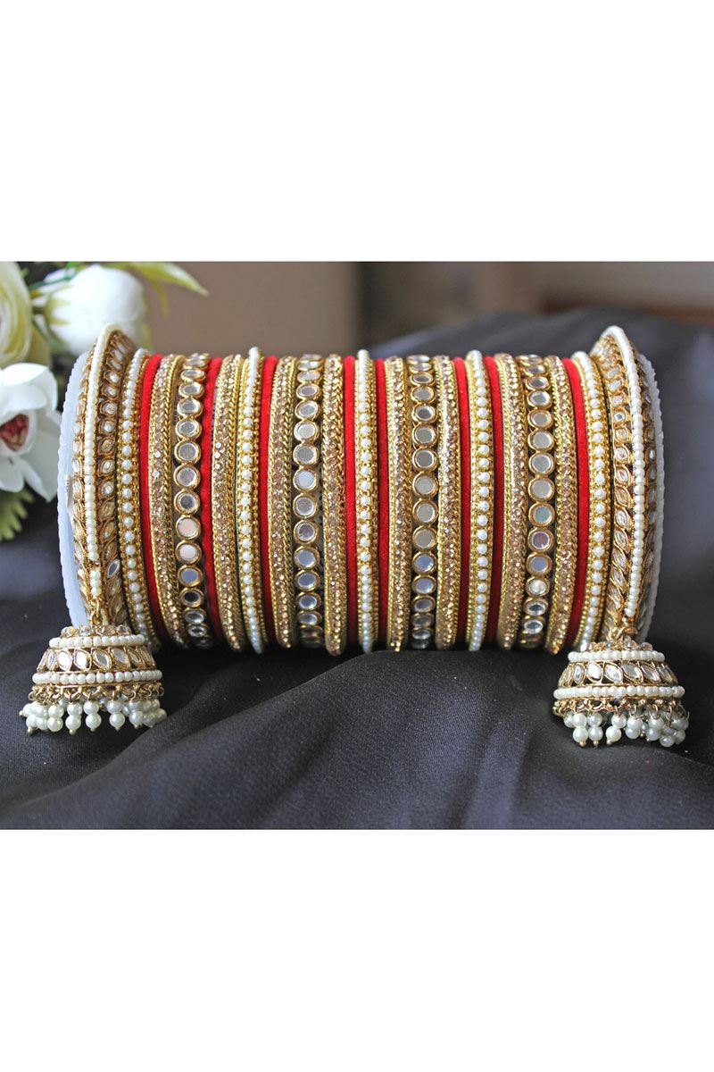 Captivating Red Designer Mirror Style Bangle Set with Jhumki for Brides