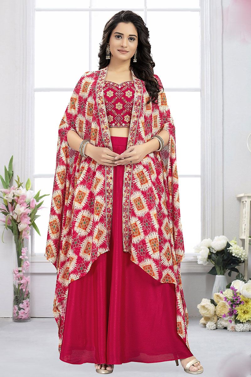 Awesome Pink Designer Indo-Western Palazzo Suit for Engagement, Reception, and Party