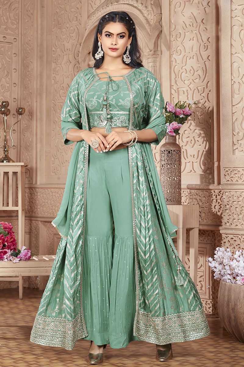 Fascinating Sea Green Designer Indo-Western Palazzo Suit with Cape for Party, Engagement, and Reception