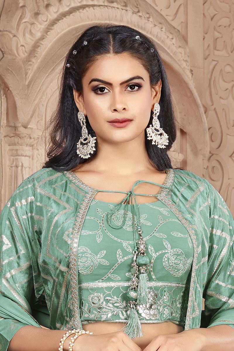 Fascinating Sea Green Designer Indo-Western Palazzo Suit with Cape for Party, Engagement, and Reception