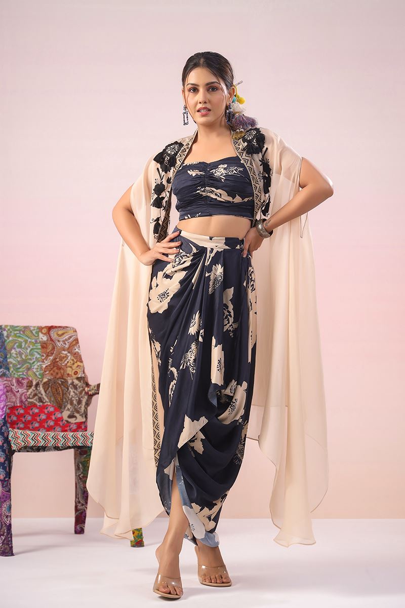 Dashing Navy Blue Designer Indo-Western Suit with Jacket for Party and Festivals