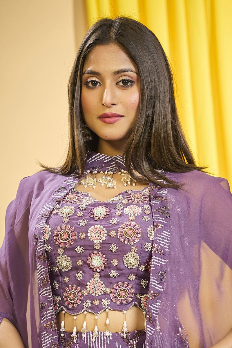 Delightful Purple Designer Indo-Western Lehenga Choli for Party and Sangeet