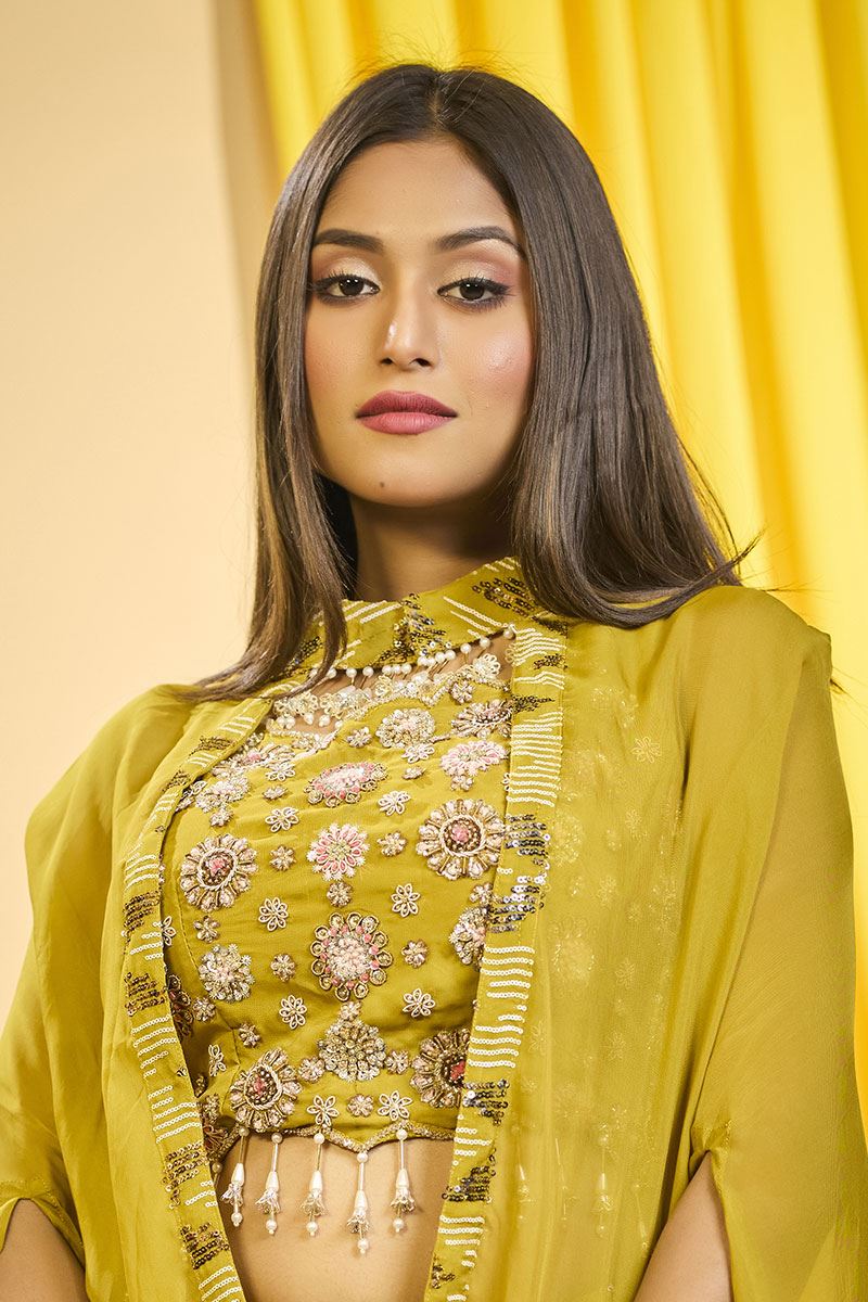 Dazzling Mustard Designer Indo-Western Lehenga Choli for Party and Haldi