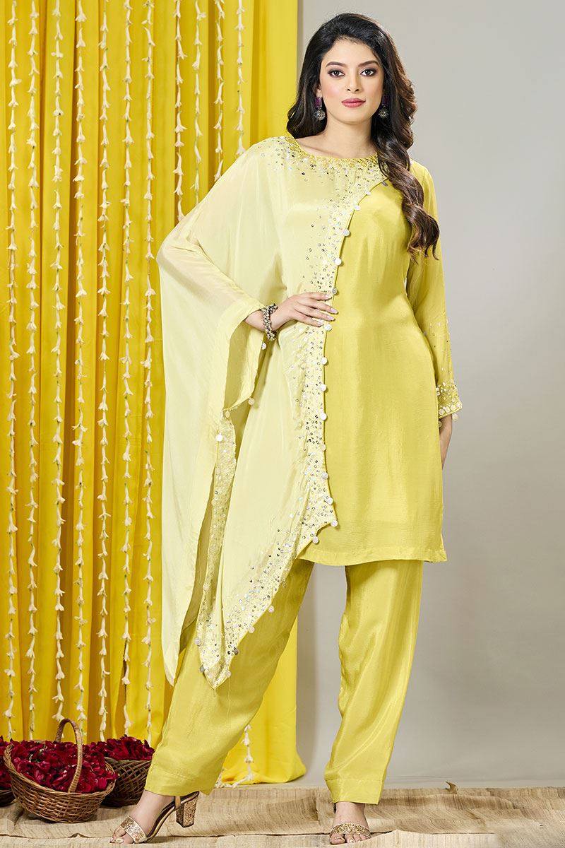Attractive Yellow Designer Indowestern Suit for a Party and Haldi