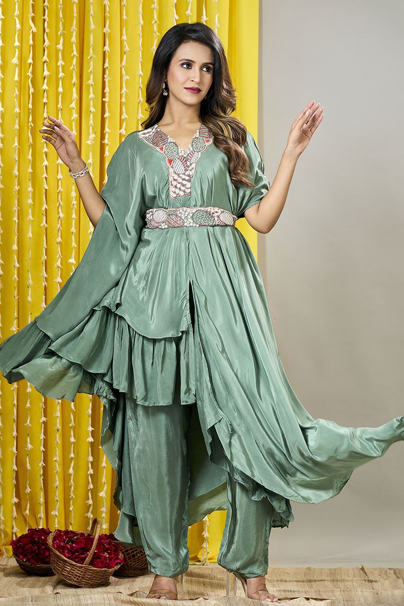 Vibrant Sea Green Designer Indo-Western Outfit for a Party and Festivals