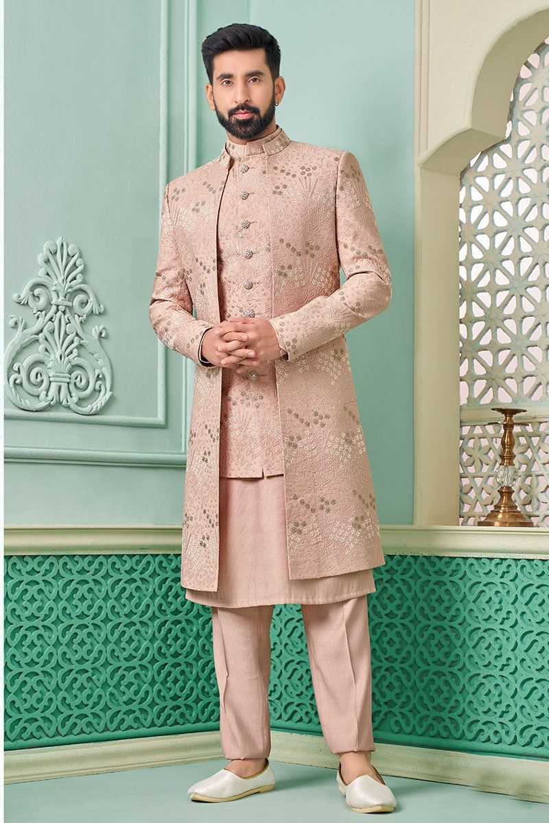 Captivating Light Onion Designer Indo-Western Sherwani for Sangeet and Engagement