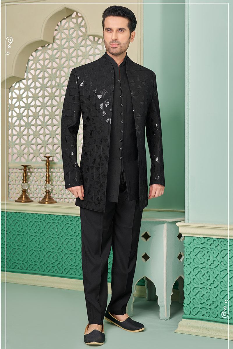 Vibrant Black Designer Indo-Western Sherwani for Sangeet and Reception