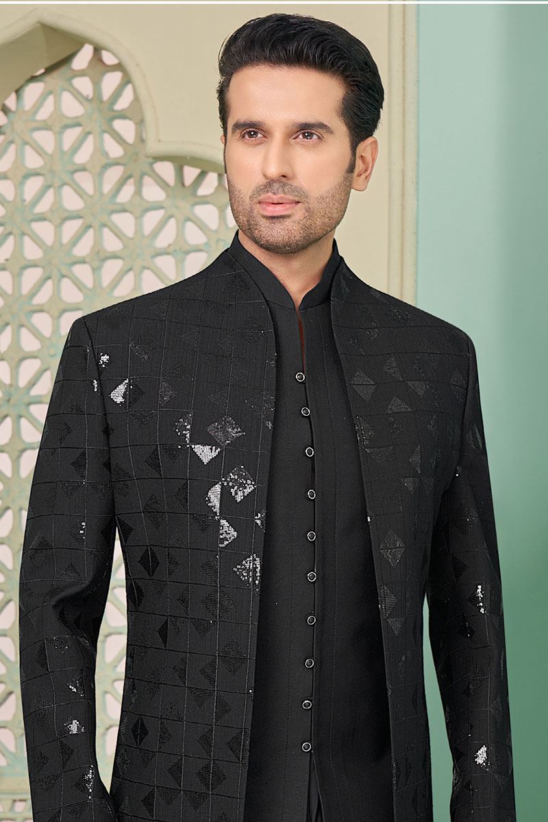 Vibrant Black Designer Indo-Western Sherwani for Sangeet and Reception