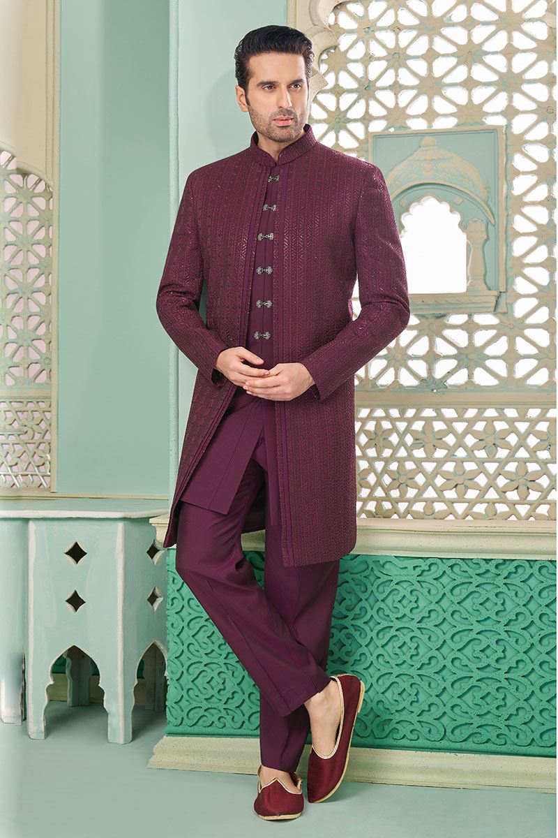 Impressive Wine Designer Indo-Western Sherwani for Sangeet and Engagement