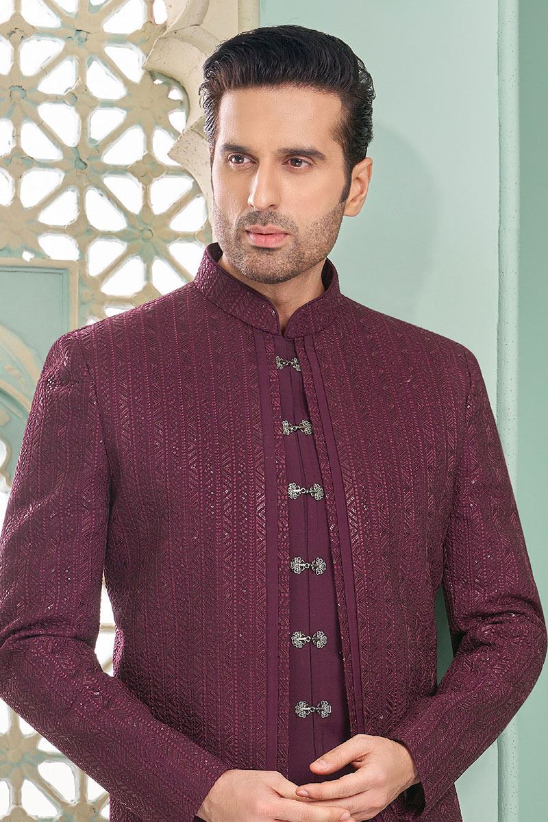 Impressive Wine Designer Indo-Western Sherwani for Sangeet and Engagement