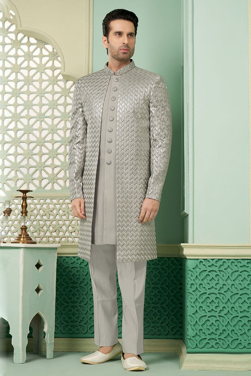Enticing Grey Designer Indo-Western Sherwani for Sangeet and Engagement