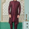 Aesthetic Dark Maroon Designer Indo-Western Sherwani for Sangeet and Engagement
