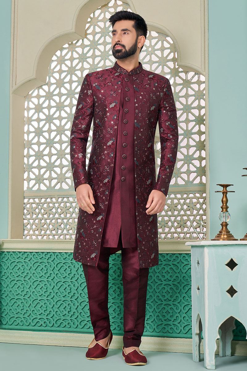 Aesthetic Dark Maroon Designer Indo-Western Sherwani for Sangeet and Engagement