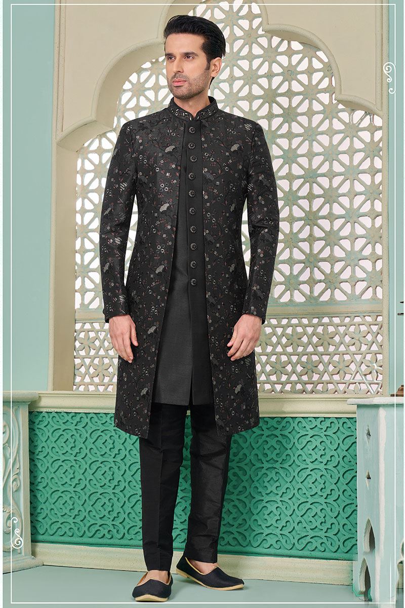 Exquisite Black Designer Indo-Western Sherwani for Sangeet and Engagement