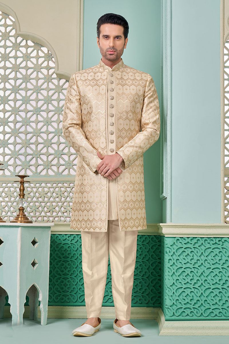 Classy Light Gold Designer Indo-Western Sherwani for Engagement and Wedding