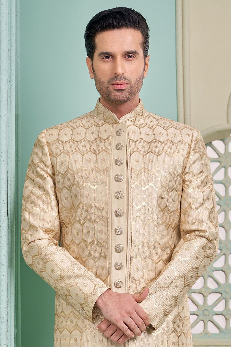 Classy Light Gold Designer Indo-Western Sherwani for Engagement and Wedding
