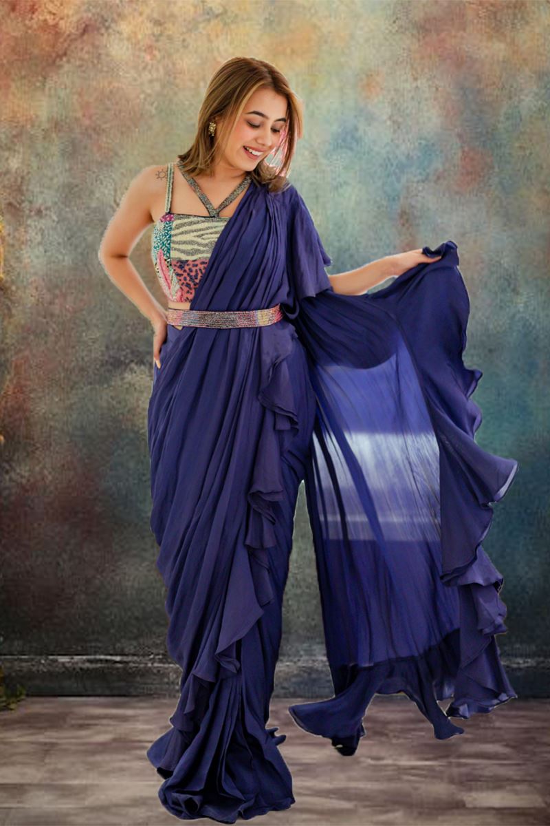 Stunning Blue Designer Ready to Wear Saree with Ruffles for Sangeet and Reception