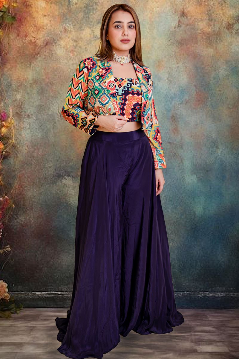 Splendid Navy Blue Silk Designer Indo-Western Suit with Jacket Suit