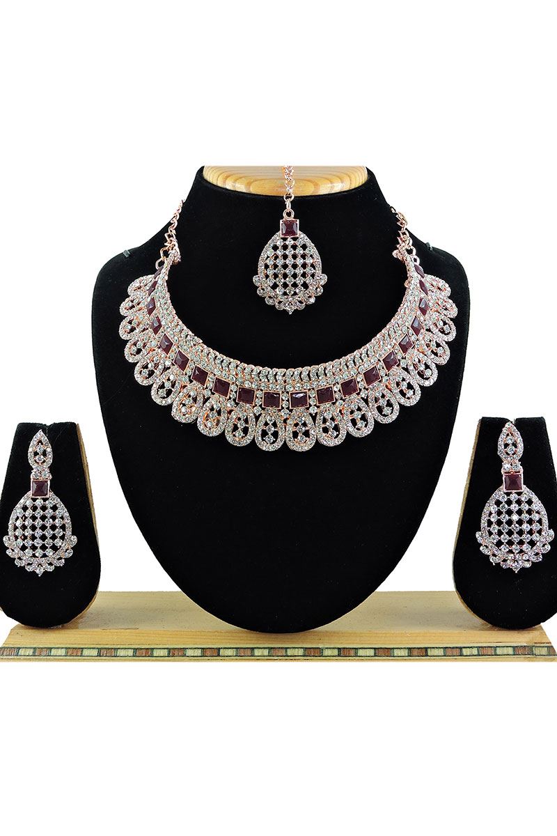 Exquisite Maroon Designer Necklace Set for Party and Wedding