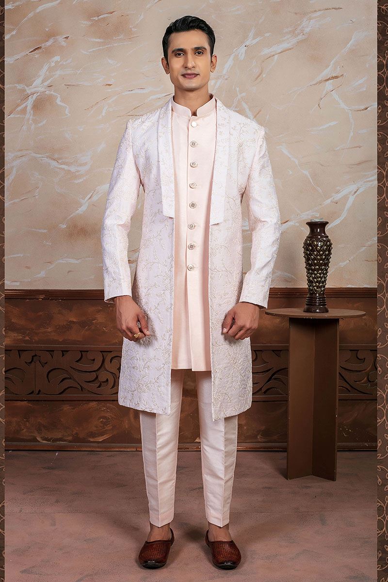 Amazing Peach Designer Indo-Western Sherwani Set for Engagement and Reception