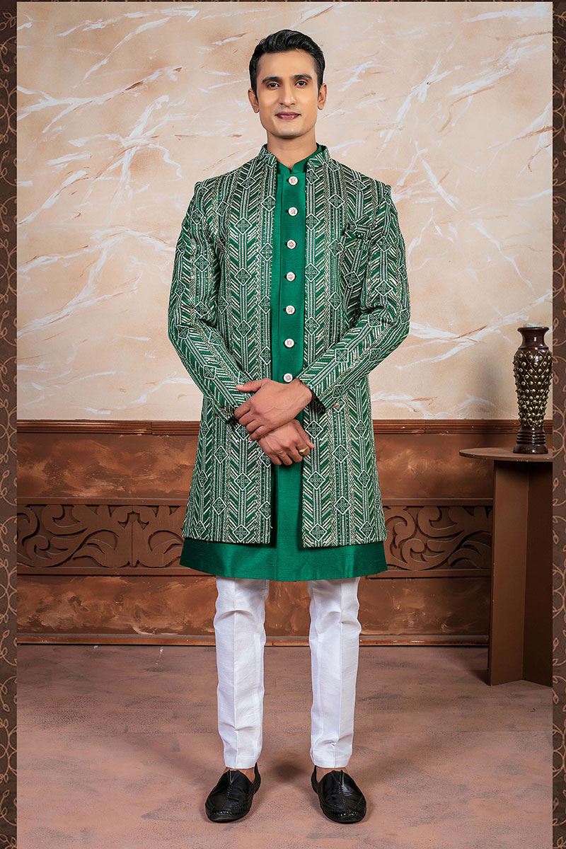 Charismatic Green Designer Indo-Western Sherwani Set for Engagement and Wedding