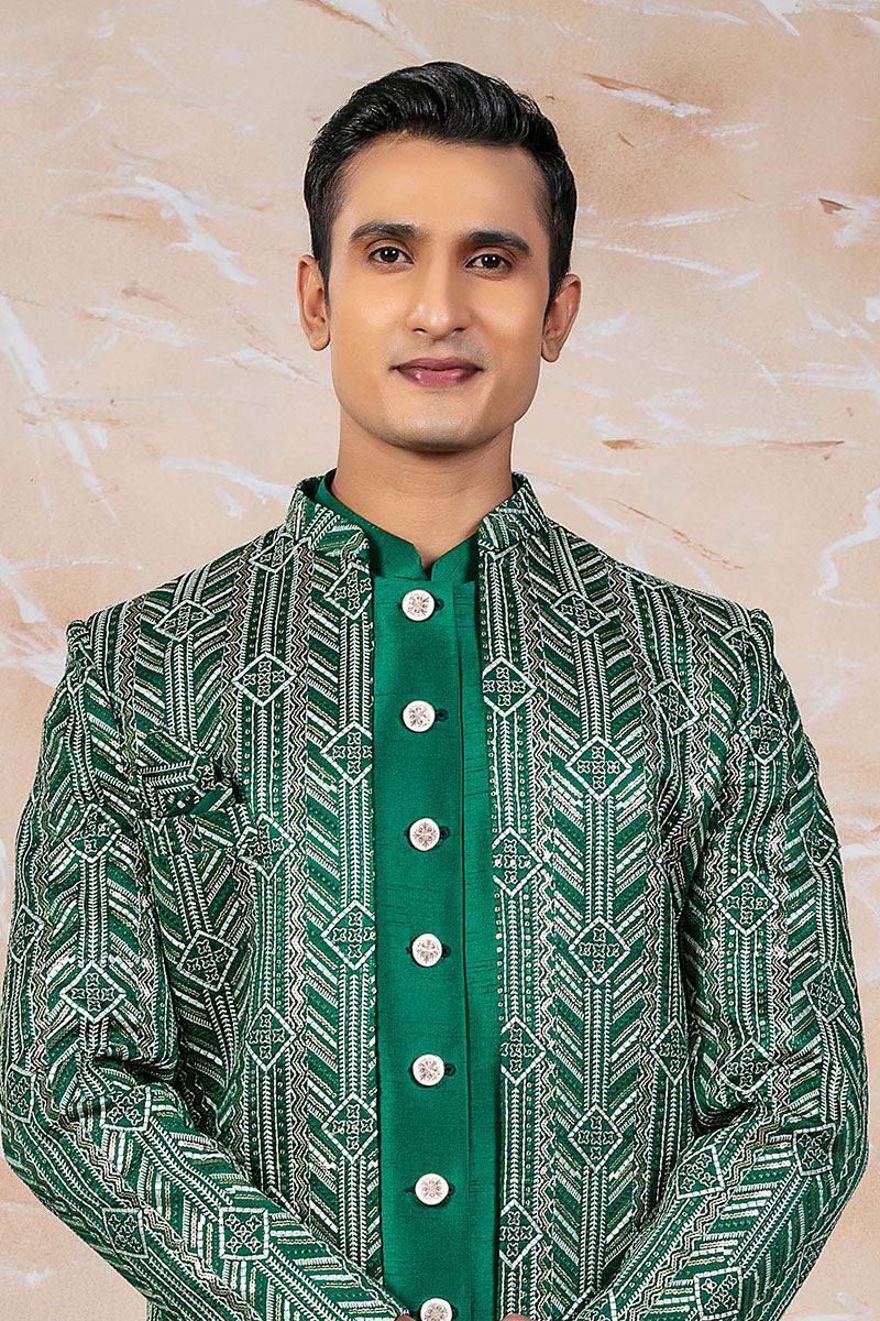 Charismatic Green Designer Indo-Western Sherwani Set for Engagement and Wedding
