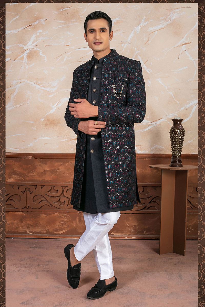 Exuberant Black Designer Indo-Western Sherwani Set for Reception and Party