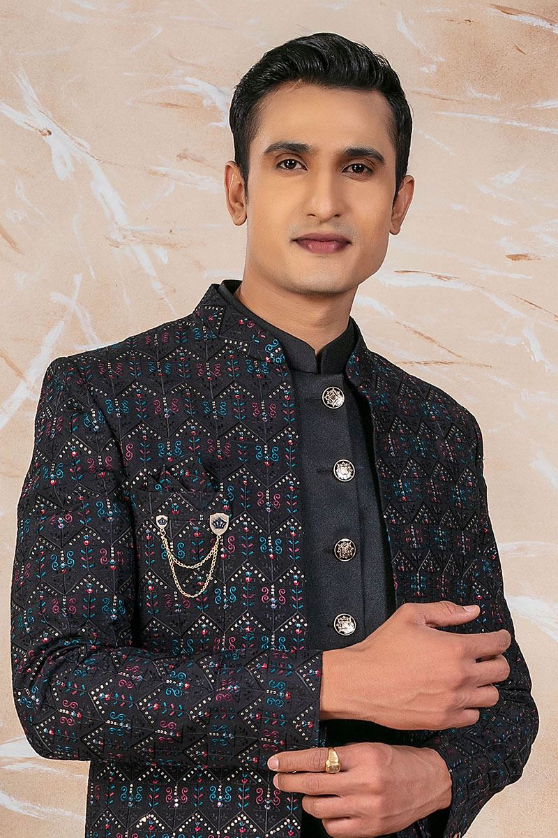 Exuberant Black Designer Indo-Western Sherwani Set for Reception and Party