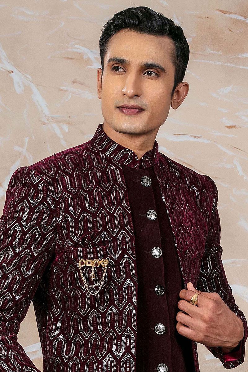 Dashing Maroon Designer Sherwani Set for Wedding and Reception