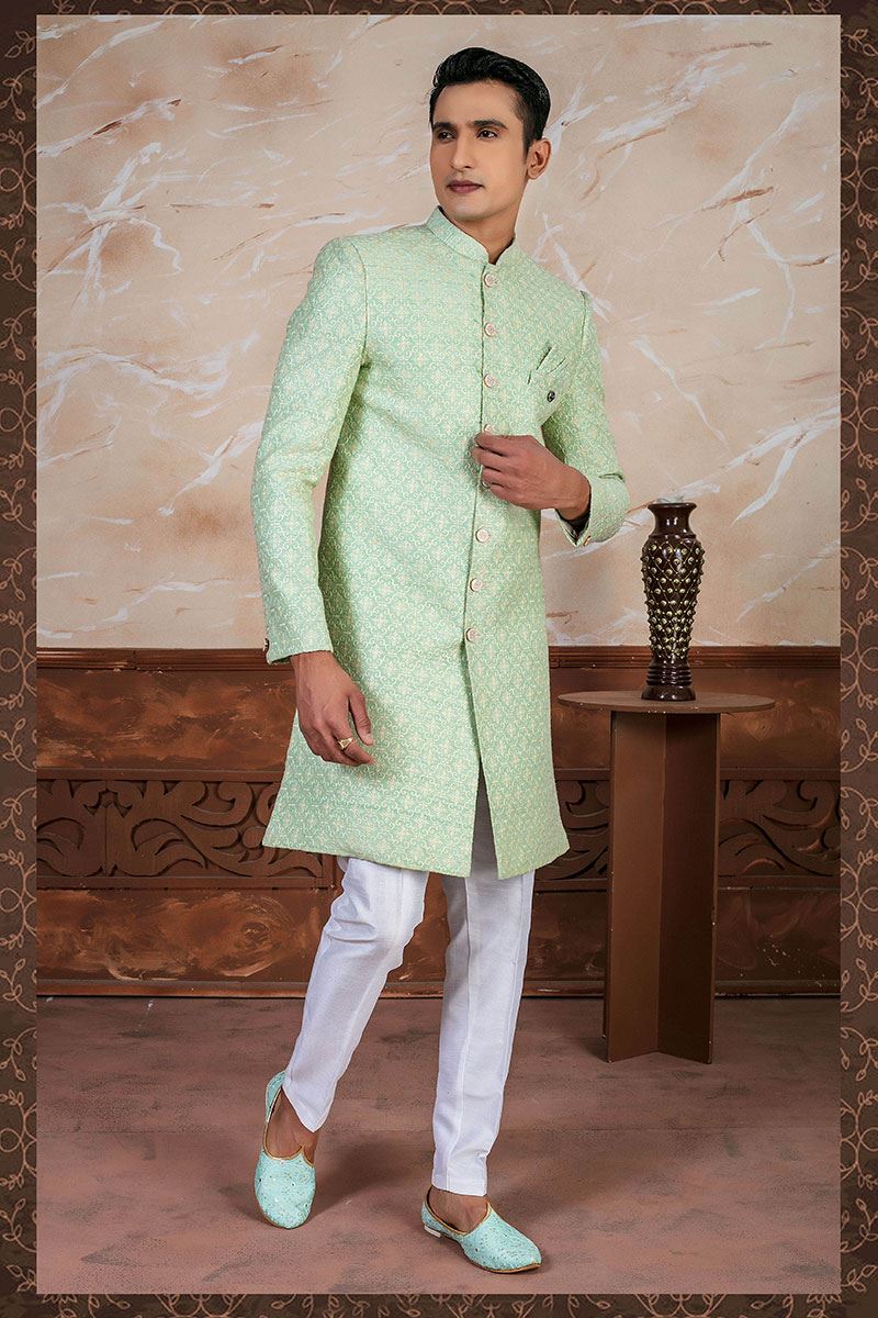 Elegant Sea Green Designer Sherwani Set for Reception and Engagement