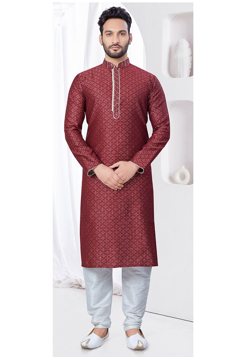 Impressive Maroon Designer Kurta and Churidar Set for Wedding and Reception