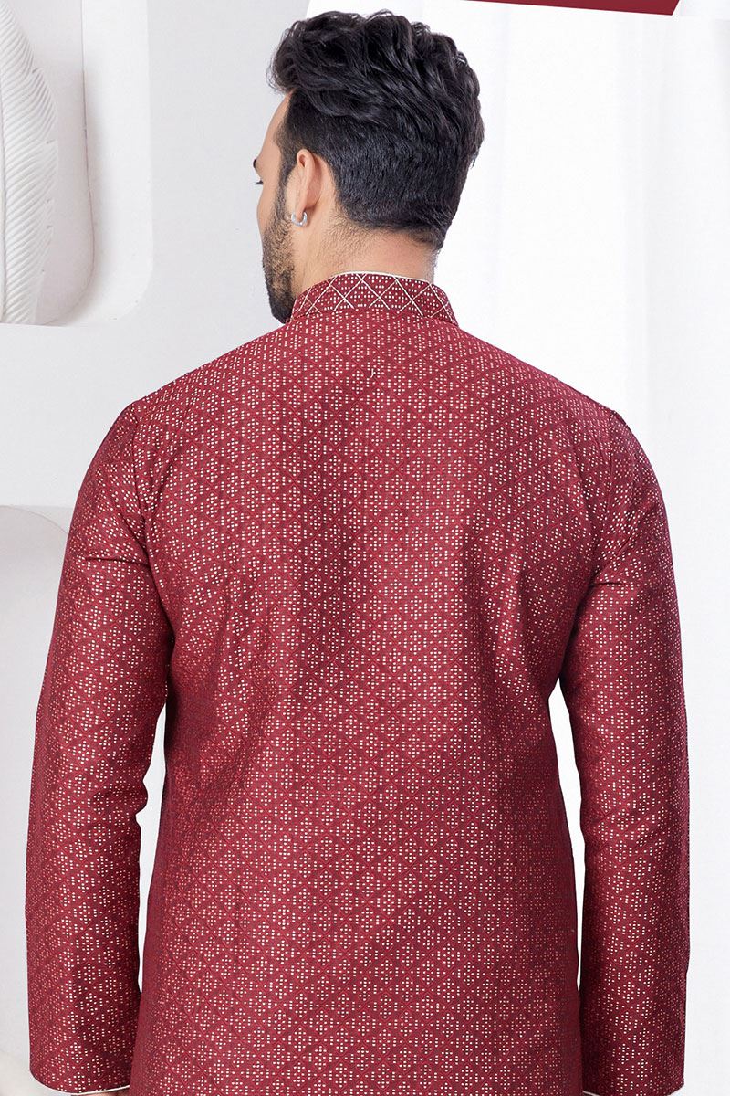 Impressive Maroon Designer Kurta and Churidar Set for Wedding and Reception